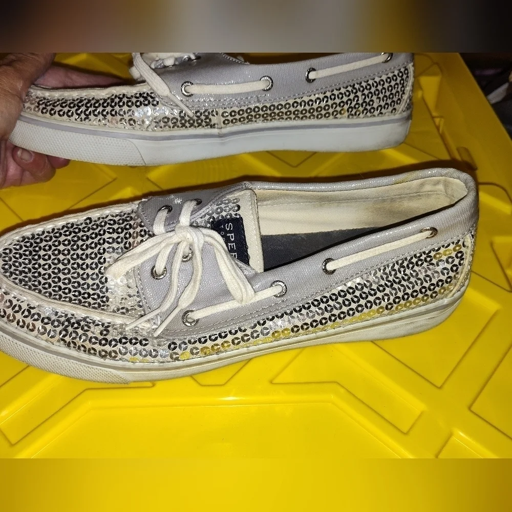 Reel legends Top-Sider Women's Boat Shoes Silver Fabric Lace Up Sequins 10M